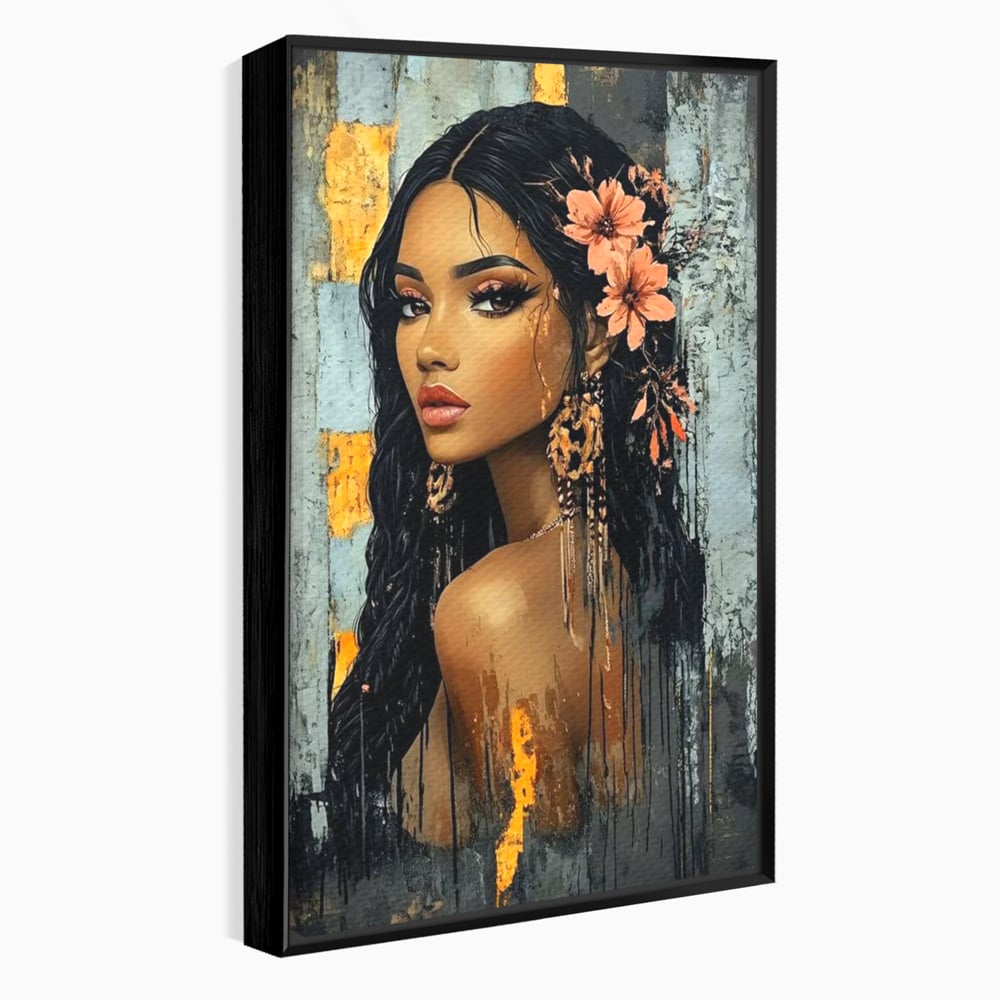 Tablou canvas cu tablou canvas cu femeie si flori in par, in rama de aluminiu negru